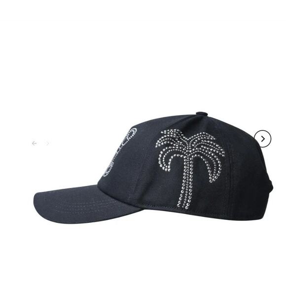 $525 NWT Palm Angels PA Logo Trucker Mesh Snapback Rhinestone Cotton Hat Black main image 7